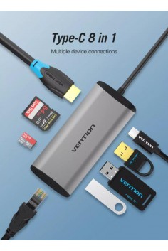 Hub USB Type-C 8 Cổng HDMI/USB 3.0/SD/TF/LPD/LAN (RJ45) Vention CNDHB